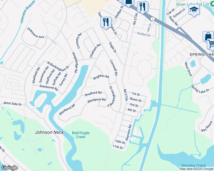 map of restaurants, bars, coffee shops, grocery stores, and more near 150 East Buckingham Drive in Rehoboth Beach
