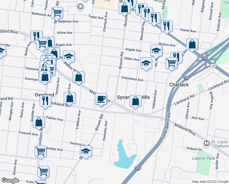 map of restaurants, bars, coffee shops, grocery stores, and more near 2427 Brown Road in St. Louis