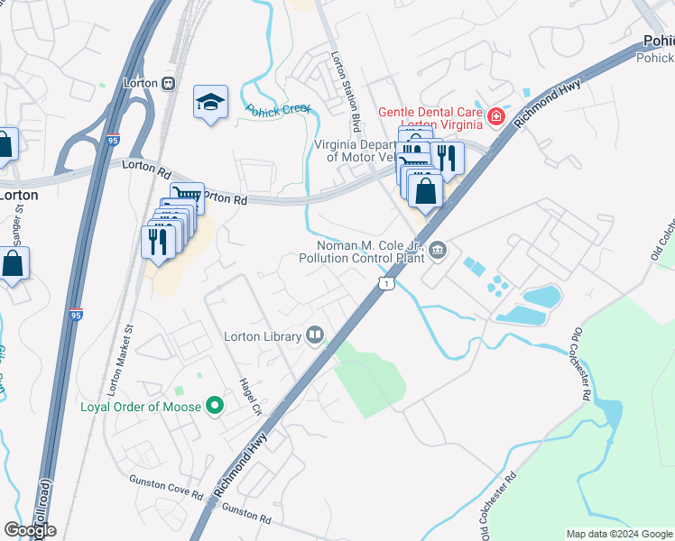 map of restaurants, bars, coffee shops, grocery stores, and more near 9501 Saluda Court in Lorton