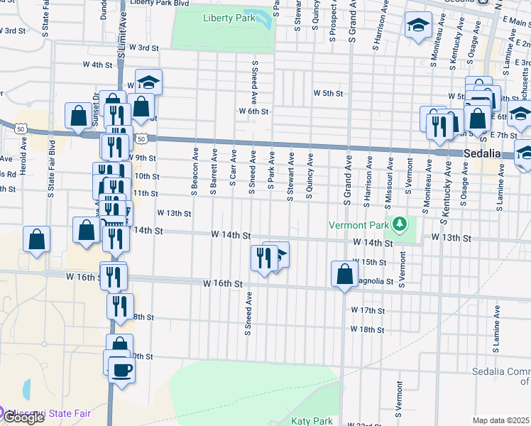 map of restaurants, bars, coffee shops, grocery stores, and more near 1202 South Park Avenue in Sedalia
