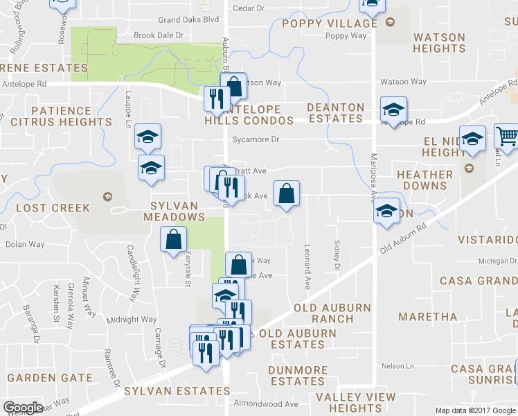 map of restaurants, bars, coffee shops, grocery stores, and more near 7545 Carleton Ln in Citrus Heights