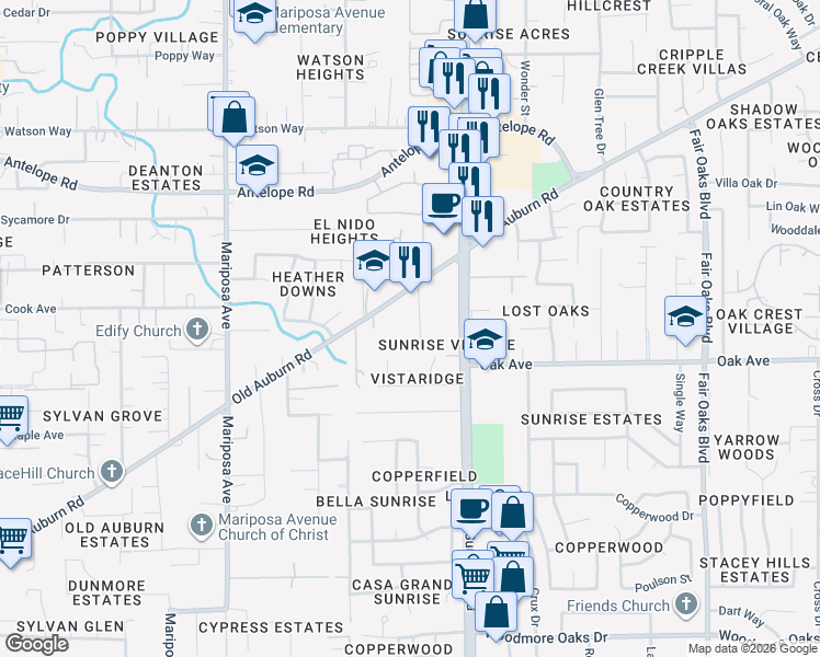 map of restaurants, bars, coffee shops, grocery stores, and more near 7449 Tiara Way in Citrus Heights
