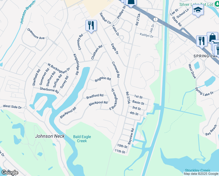 map of restaurants, bars, coffee shops, grocery stores, and more near 150 East Buckingham Drive in Rehoboth Beach