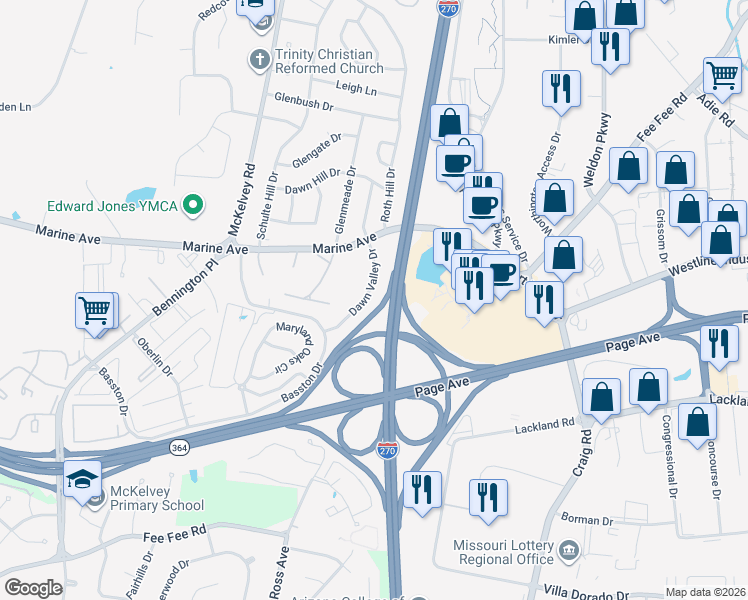 map of restaurants, bars, coffee shops, grocery stores, and more near 1096 Dawn Valley Drive in Maryland Heights
