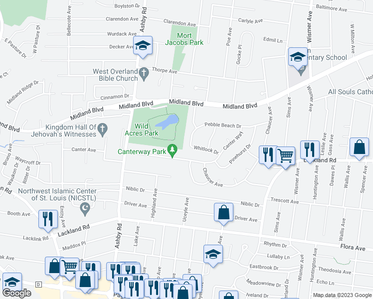 map of restaurants, bars, coffee shops, grocery stores, and more near 10232 Whitlock Drive in Overland