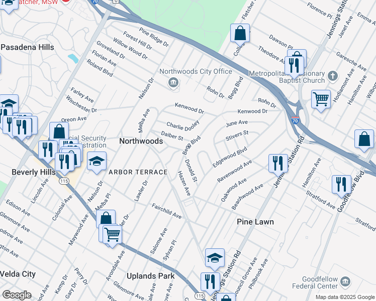 map of restaurants, bars, coffee shops, grocery stores, and more near 4300 Begg Boulevard in St. Louis