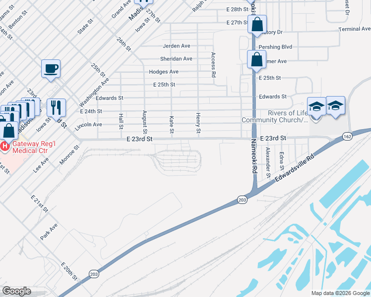map of restaurants, bars, coffee shops, grocery stores, and more near 2500 East 23rd Street in Granite City