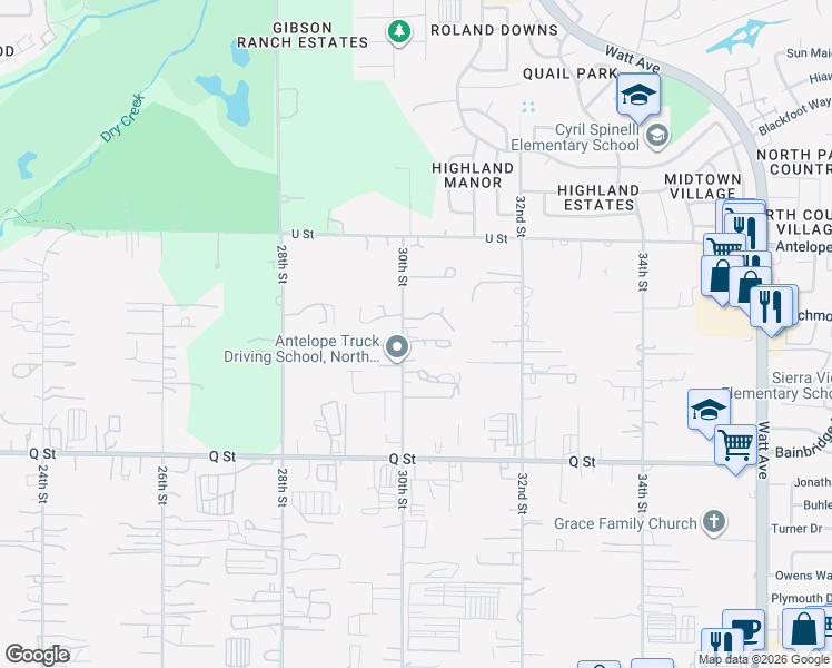 map of restaurants, bars, coffee shops, grocery stores, and more near 7400 30th Street in North Highlands