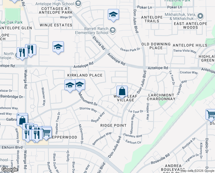 map of restaurants, bars, coffee shops, grocery stores, and more near 4815 Acclaim Court in Sacramento