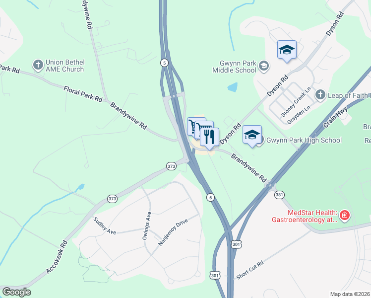 map of restaurants, bars, coffee shops, grocery stores, and more near 13765 Branch Avenue in Brandywine