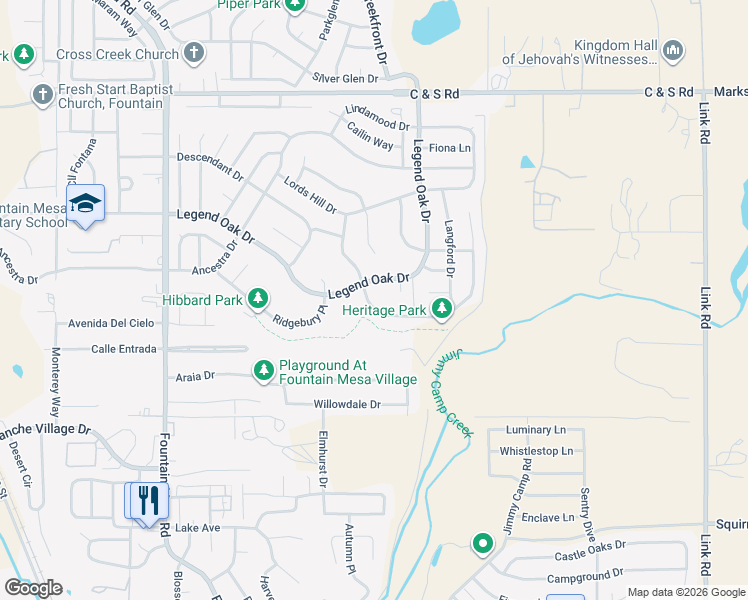 map of restaurants, bars, coffee shops, grocery stores, and more near 865 Winebrook Way in Fountain