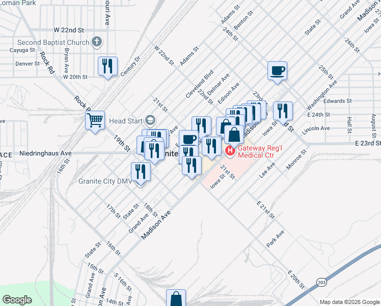map of restaurants, bars, coffee shops, grocery stores, and more near 1410 Niedringhaus Avenue in Granite City