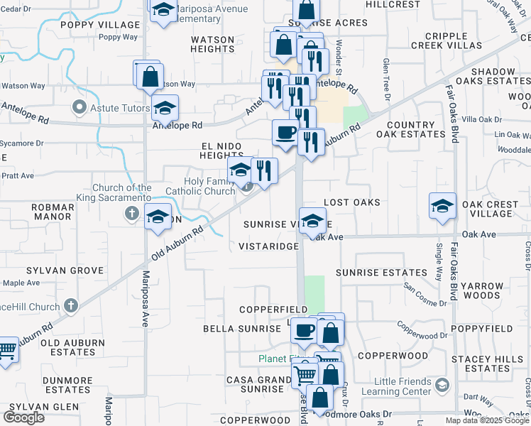 map of restaurants, bars, coffee shops, grocery stores, and more near 7451 Tiara Way in Citrus Heights