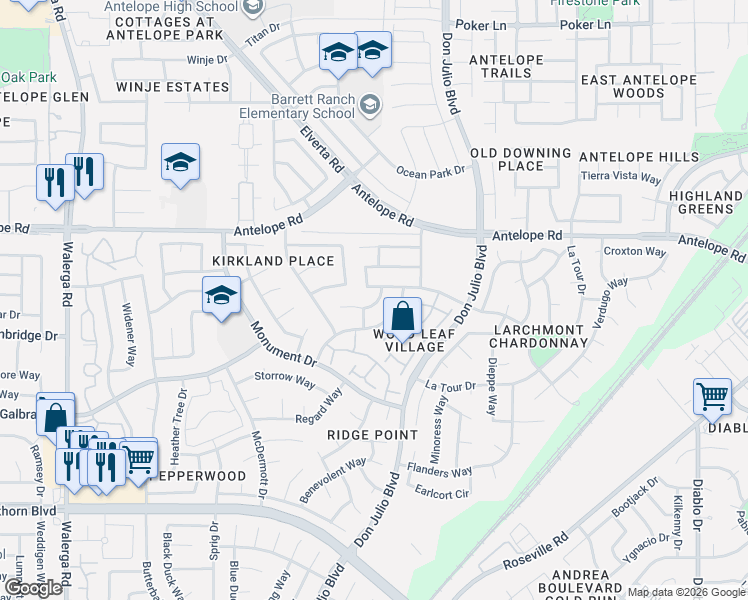 map of restaurants, bars, coffee shops, grocery stores, and more near 7436 Bestow Way in Sacramento