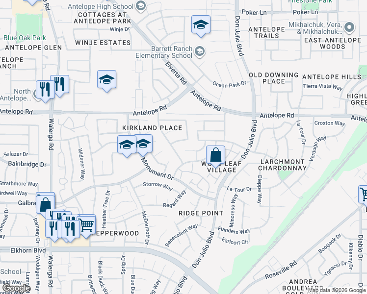 map of restaurants, bars, coffee shops, grocery stores, and more near 4815 Acclaim Court in Sacramento