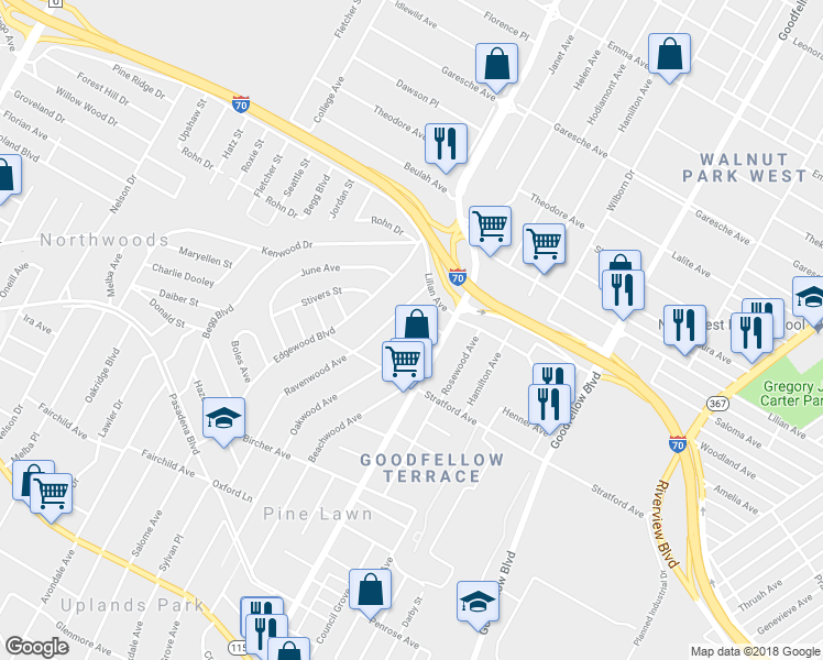 map of restaurants, bars, coffee shops, grocery stores, and more near 4511 Oakwood Avenue in Saint Louis