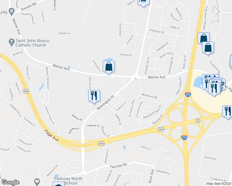 map of restaurants, bars, coffee shops, grocery stores, and more near 2207 Summerhouse Drive in St. Louis