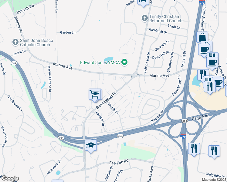 map of restaurants, bars, coffee shops, grocery stores, and more near 2207 Summerhouse Drive in St. Louis