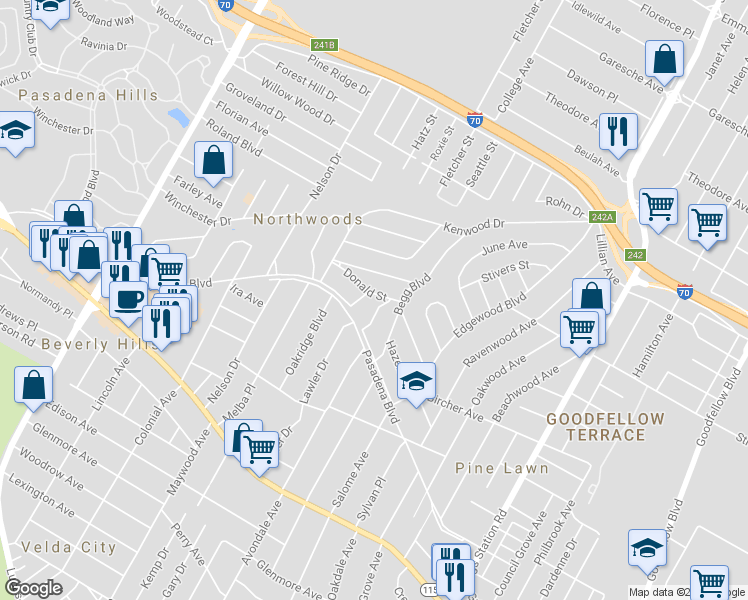 map of restaurants, bars, coffee shops, grocery stores, and more near 6712 Donald St in St Louis