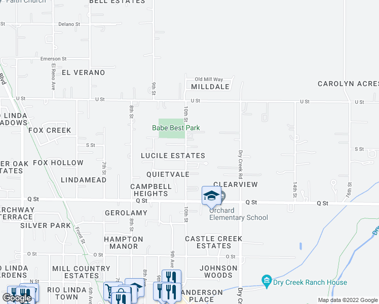 map of restaurants, bars, coffee shops, grocery stores, and more near 7342 10th Street in Rio Linda