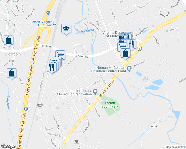 map of restaurants, bars, coffee shops, grocery stores, and more near 7818 Stovall Court in Lorton