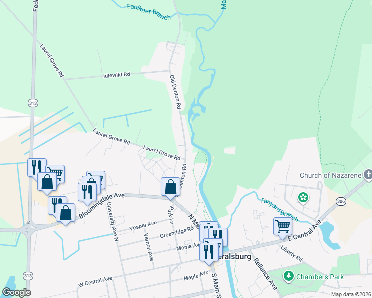 map of restaurants, bars, coffee shops, grocery stores, and more near 321 Denton Road in Federalsburg