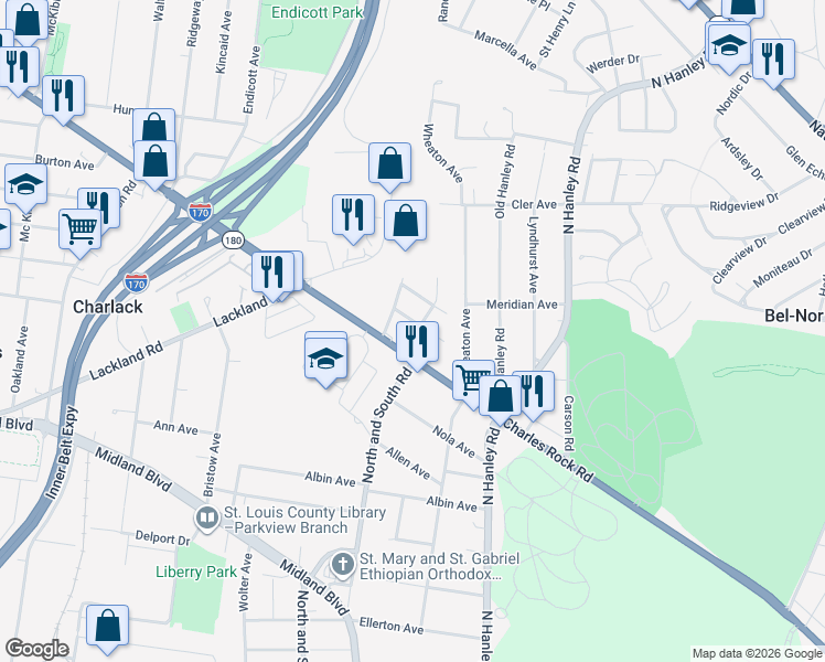 map of restaurants, bars, coffee shops, grocery stores, and more near 8200 Toddy Avenue in St. Louis