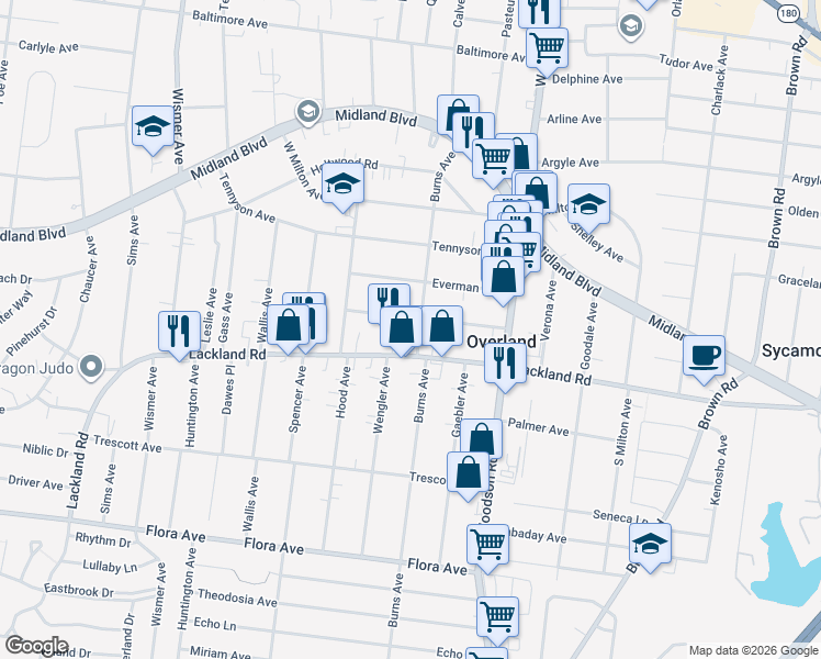 map of restaurants, bars, coffee shops, grocery stores, and more near 9502 Marlowe Avenue in Overland