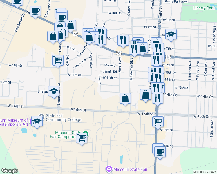 map of restaurants, bars, coffee shops, grocery stores, and more near 2501 Albert Lee Avenue in Sedalia
