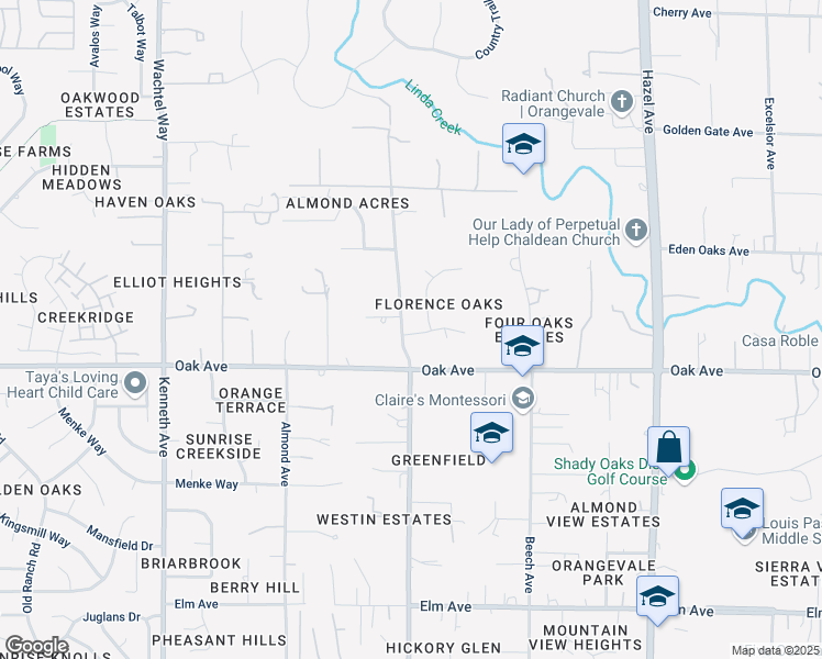 map of restaurants, bars, coffee shops, grocery stores, and more near 8701 Algonquin Way in Orangevale