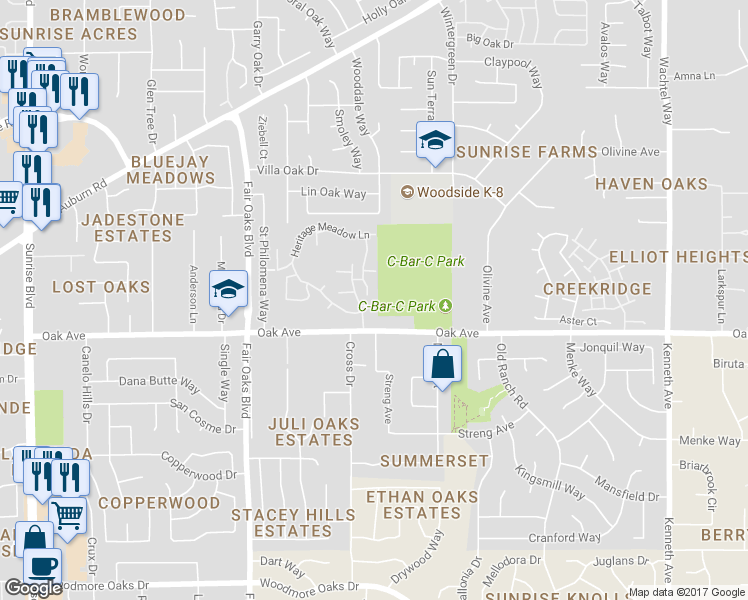 map of restaurants, bars, coffee shops, grocery stores, and more near 8217 Fox Meadow Place in Citrus Heights