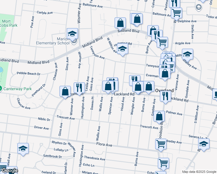 map of restaurants, bars, coffee shops, grocery stores, and more near 2405 Spencer Avenue in Overland
