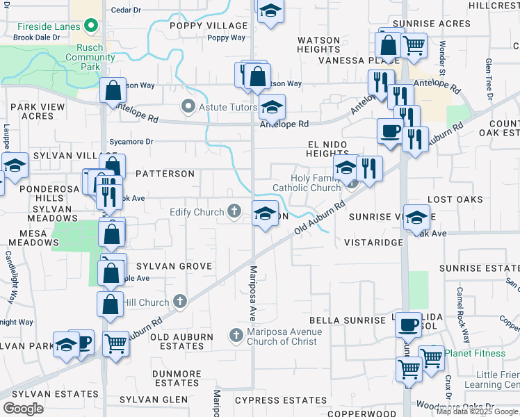 map of restaurants, bars, coffee shops, grocery stores, and more near 7436 Mariposa Avenue in Citrus Heights