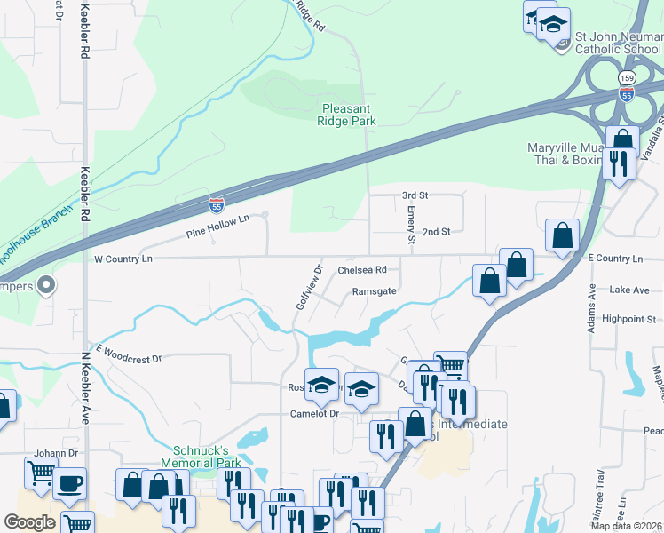 map of restaurants, bars, coffee shops, grocery stores, and more near 21 Chelsea Road in Collinsville