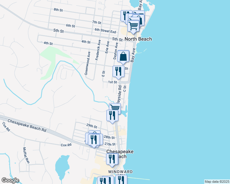 map of restaurants, bars, coffee shops, grocery stores, and more near 8715 D Street in Chesapeake Beach