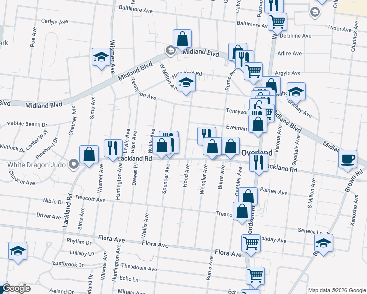 map of restaurants, bars, coffee shops, grocery stores, and more near 2409 Hood Avenue in Overland