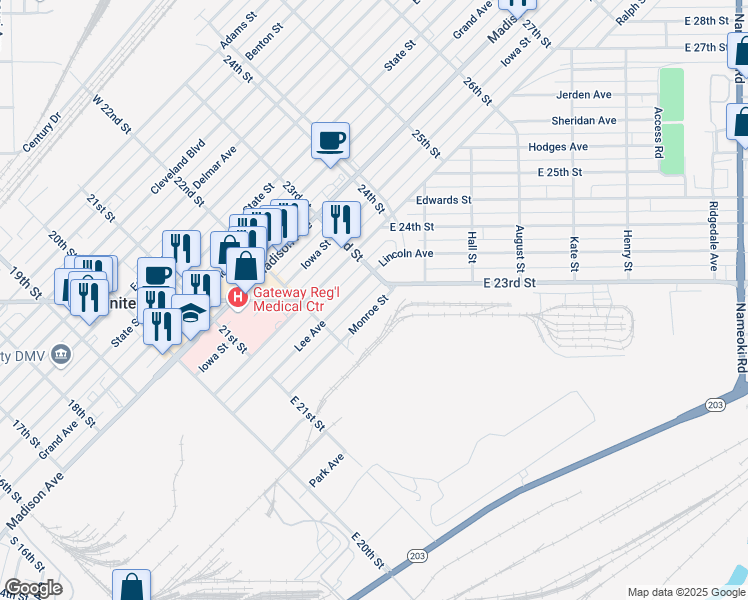 map of restaurants, bars, coffee shops, grocery stores, and more near 2257 Monroe Street in Granite City