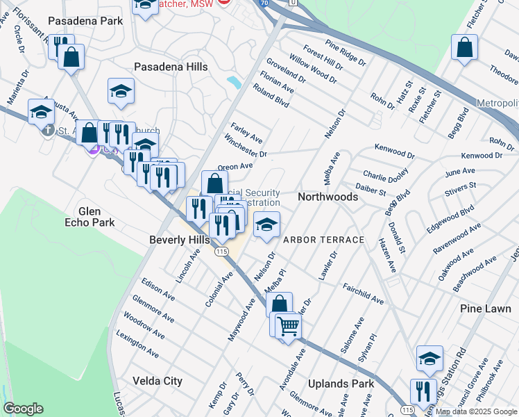 map of restaurants, bars, coffee shops, grocery stores, and more near 4009 Colonial Avenue in St. Louis
