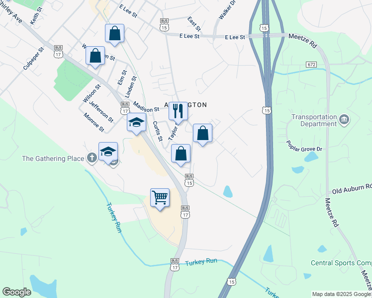 map of restaurants, bars, coffee shops, grocery stores, and more near 5 Kingsbridge Court in Warrenton