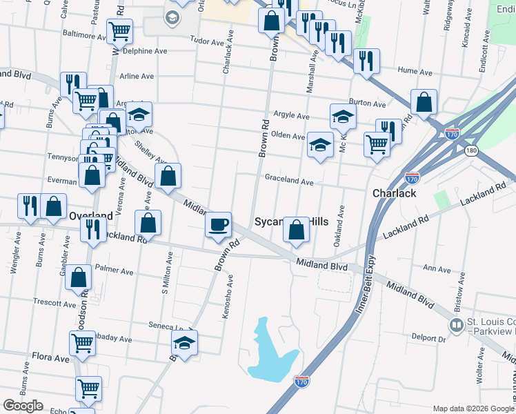 map of restaurants, bars, coffee shops, grocery stores, and more near 2427 Brown Road in St. Louis