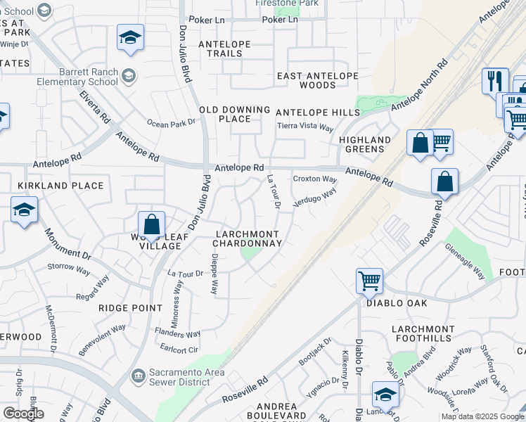 map of restaurants, bars, coffee shops, grocery stores, and more near 5215 Airons Court in Sacramento