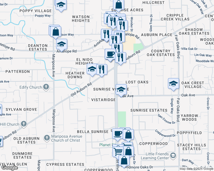 map of restaurants, bars, coffee shops, grocery stores, and more near 7451 Tiara Way in Citrus Heights