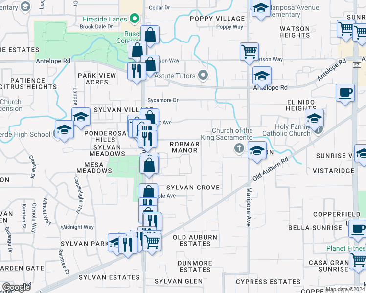 map of restaurants, bars, coffee shops, grocery stores, and more near 7432 Robmar Court in Citrus Heights