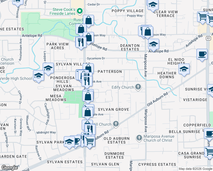 map of restaurants, bars, coffee shops, grocery stores, and more near 7432 Robmar Court in Citrus Heights