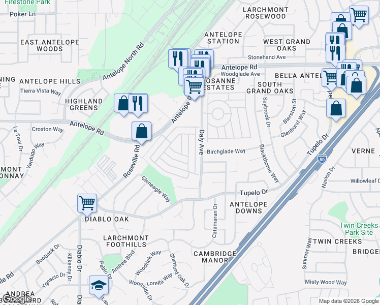 map of restaurants, bars, coffee shops, grocery stores, and more near 7401 Whiteriver Lane in Sacramento