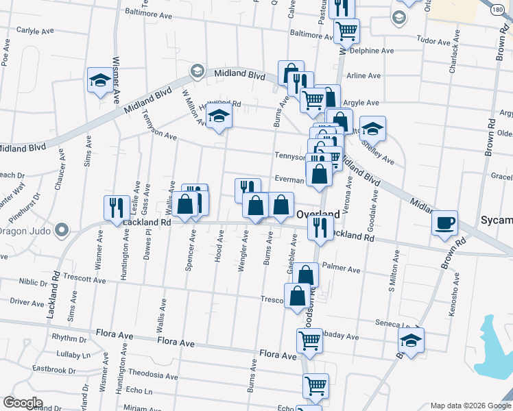 map of restaurants, bars, coffee shops, grocery stores, and more near 9502 Marlowe Avenue in Overland