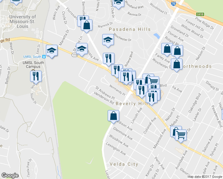 map of restaurants, bars, coffee shops, grocery stores, and more near 7228 Normandy Place in St. Louis