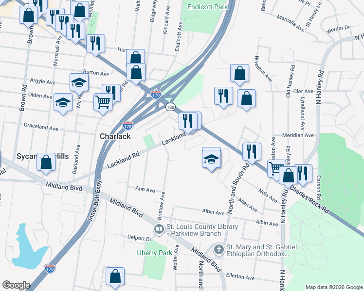 map of restaurants, bars, coffee shops, grocery stores, and more near 8448 Plaza Rock Court in St. Louis