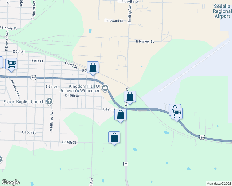 map of restaurants, bars, coffee shops, grocery stores, and more near 2949-3113 East Broadway Boulevard in Sedalia