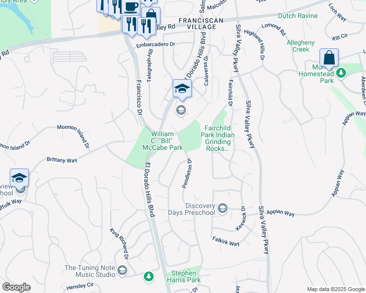 map of restaurants, bars, coffee shops, grocery stores, and more near Pendleton Drive & Starmount Way in El Dorado Hills